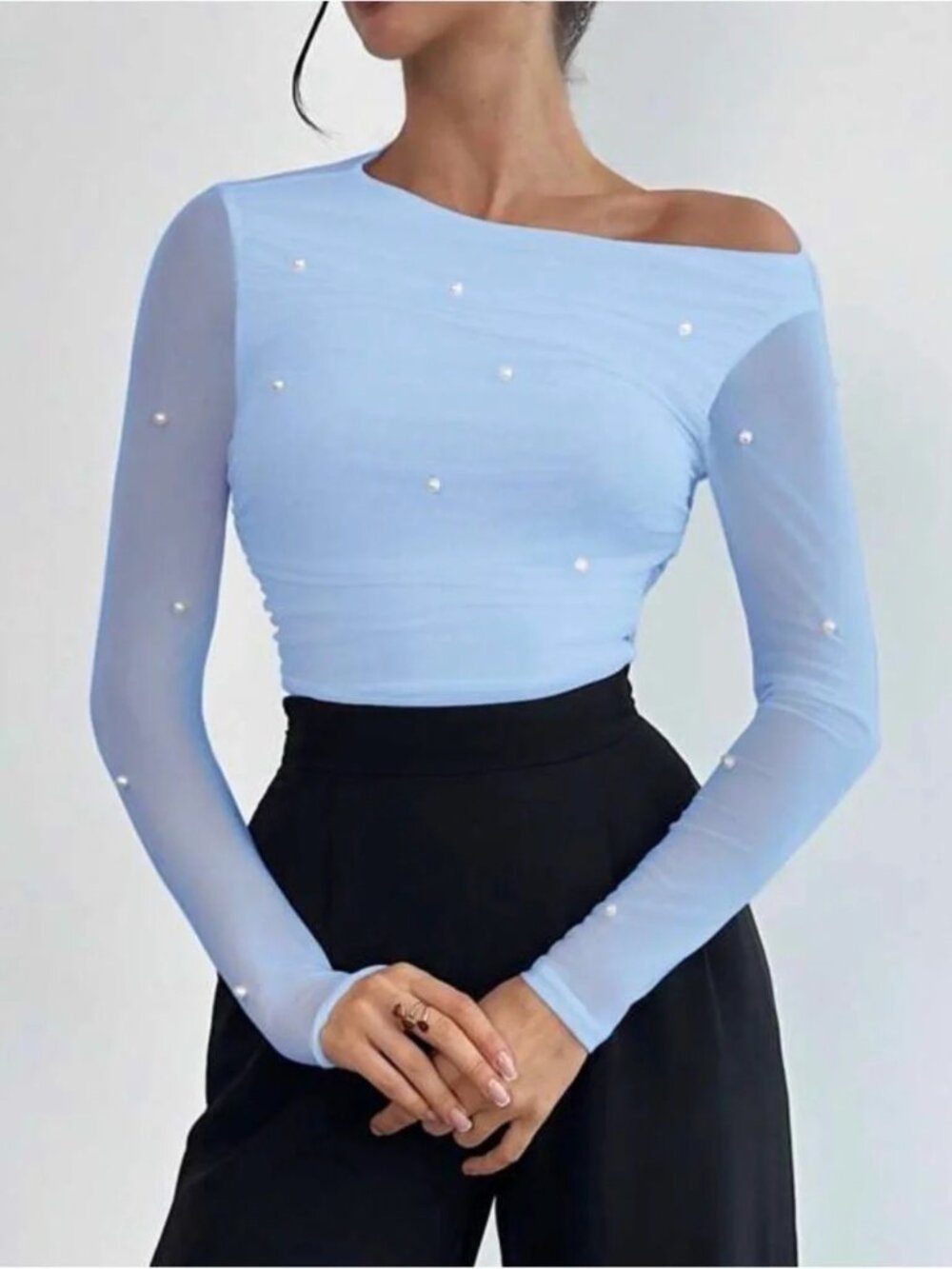 Baby Blue Mesh Sleeve Blouse